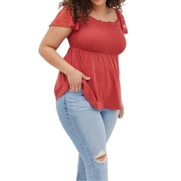 torrid Tops - Torrid Modal Slub Smocked Bodice Lace Flutter Sleeve Babydoll Top